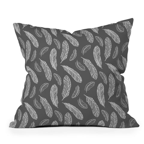 Avenie Floating Feathers Dark Gray Outdoor Throw Pillow