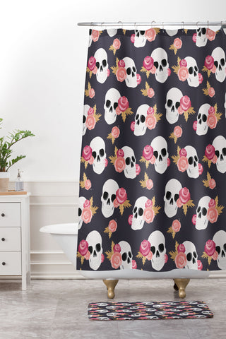 Avenie Gothic Floral Skulls Shower Curtain And Mat