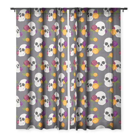 Avenie Halloween Floral Skulls Sheer Window Curtain