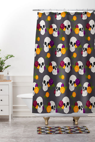 Avenie Halloween Floral Skulls Shower Curtain And Mat
