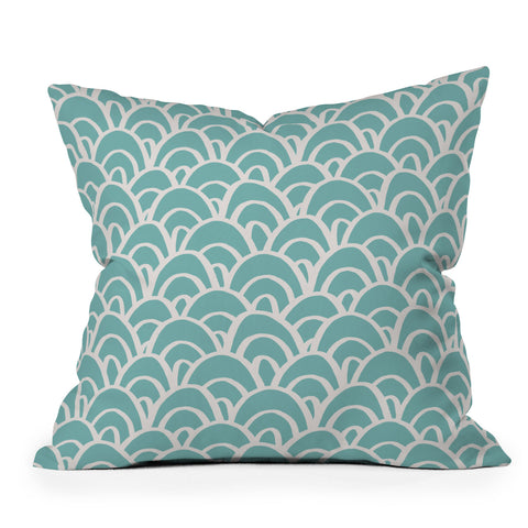 Avenie Hand Drawn Wave Teal Outdoor Throw Pillow
