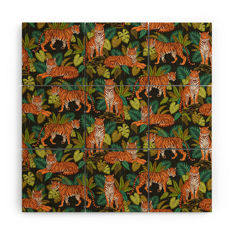 Avenie Jungle Tigers In Charcoal Wood Wall Mural