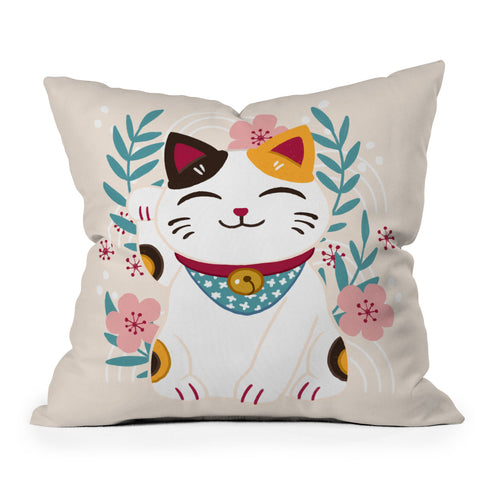 Avenie Lucky Cat and Cherry Blossoms Outdoor Throw Pillow