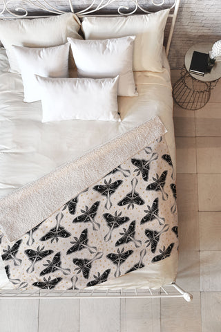 Avenie Luna Moth Cream And Black Fleece Throw Blanket