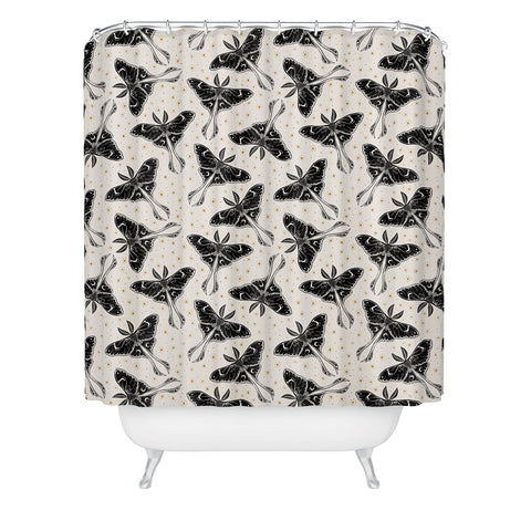 Avenie Luna Moth Cream And Black Shower Curtain