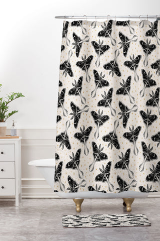 Avenie Luna Moth Cream And Black Shower Curtain And Mat