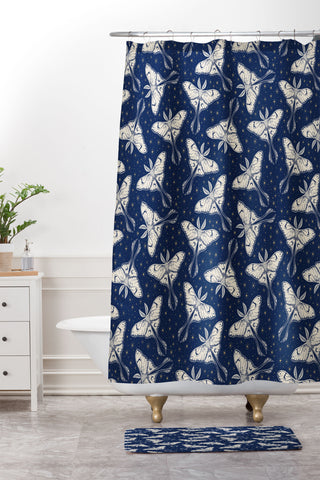 Avenie Luna Moth In Dark Navy Shower Curtain And Mat