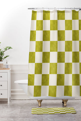 Avenie Modern Craft Chartreuse Checks Shower Curtain And Mat