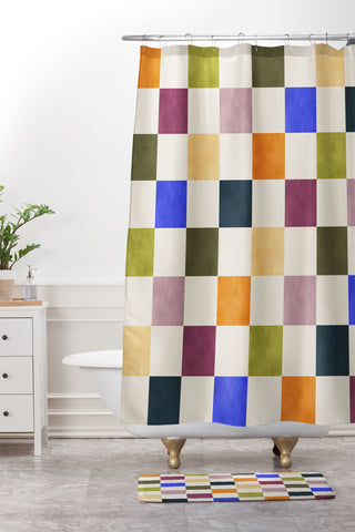 Avenie Modern Craft Harlequin Check Shower Curtain And Mat