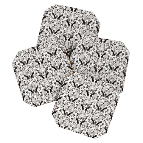 Avenie Moody Blooms Bird Damask BW II Coaster Set