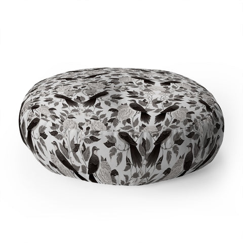 Avenie Moody Blooms Bird Damask BW II Floor Pillow Round