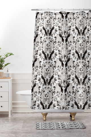 Avenie Moody Blooms Bird Damask BW II Shower Curtain And Mat