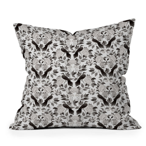 Avenie Moody Blooms Bird Damask BW II Throw Pillow