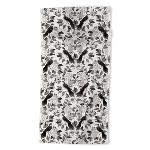 Avenie Moody Blooms Bird Damask BW II Beach Towel