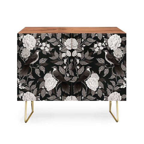 Avenie Moody Blooms Birds Damask BW I Credenza