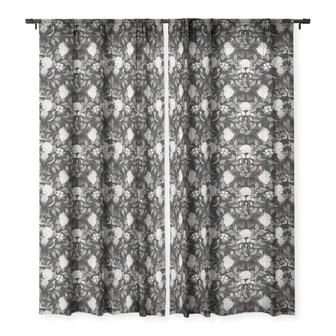 Avenie Moody Blooms Birds Damask BW I Sheer Window Curtain