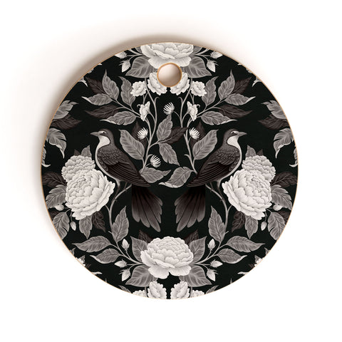 Avenie Moody Blooms Birds Damask BW I Cutting Board Round