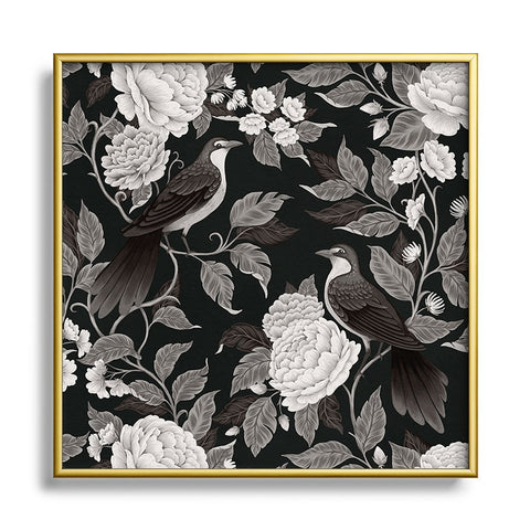 Avenie Moody Blooms Birds Damask BW I Square Metal Framed Art Print