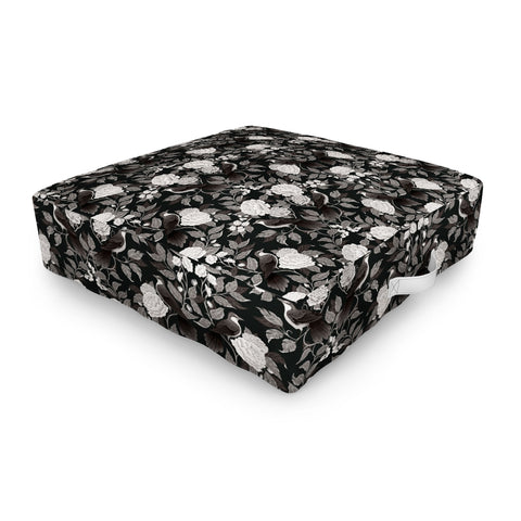 Avenie Moody Blooms Birds Damask BW I Outdoor Floor Cushion