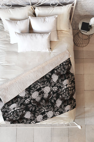 Avenie Moody Blooms Birds Damask BW I Fleece Throw Blanket
