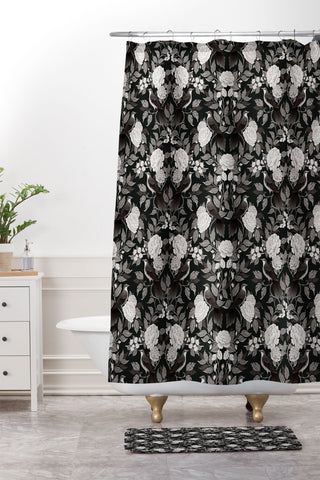 Avenie Moody Blooms Birds Damask BW I Shower Curtain And Mat