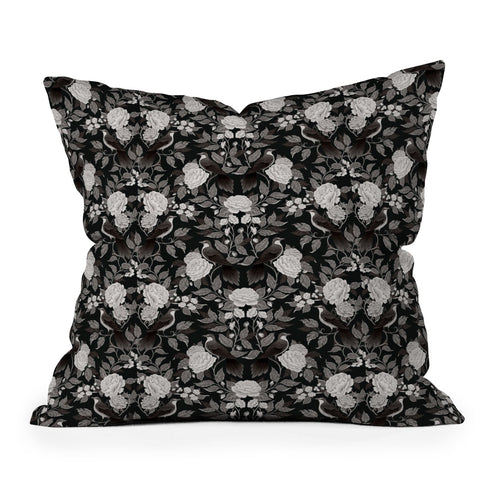 Avenie Moody Blooms Birds Damask BW I Throw Pillow