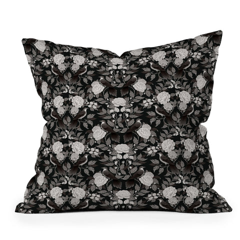 Avenie Moody Blooms Birds Damask BW I Outdoor Throw Pillow