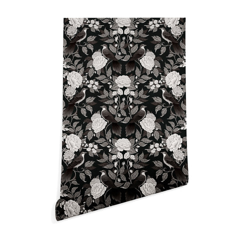 Avenie Moody Blooms Birds Damask BW I Wallpaper