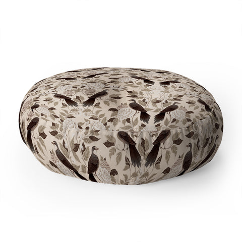 Avenie Neutral Bird Damask Floor Pillow Round