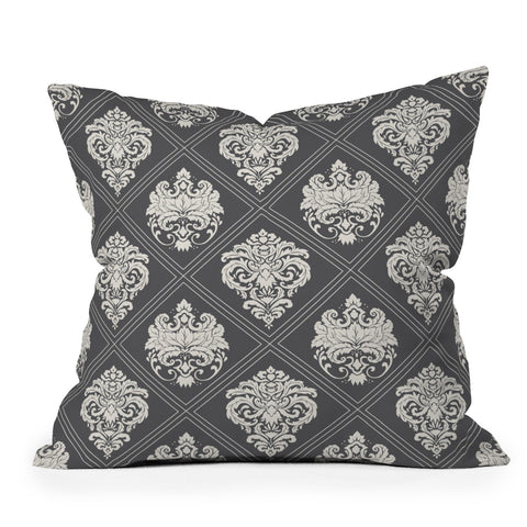 Avenie Royal Damask Grey Outdoor Throw Pillow