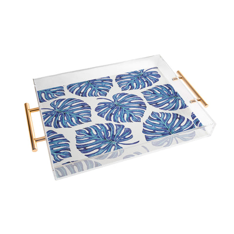 Avenie Tropical Palm Leaves Blue Acrylic Tray