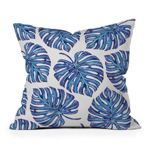 Avenie Tropical Palm Leaves Blue Outdoor Throw Pillow