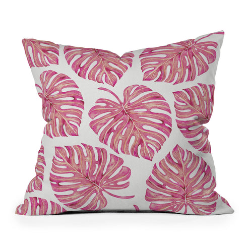 Avenie Tropical Palm Leaves Pink Outdoor Throw Pillow