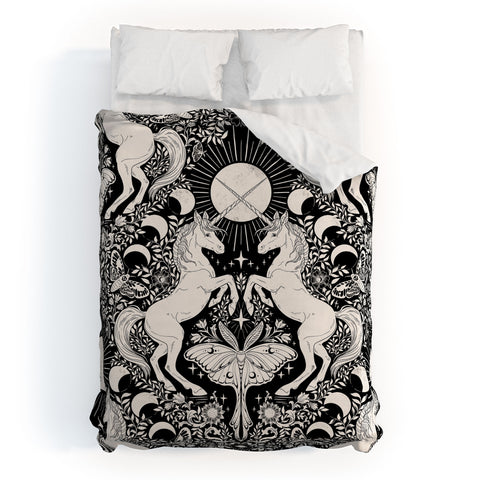Avenie Unicorn Damask Black And Cream Duvet Cover