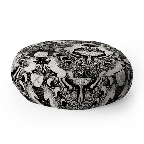 Avenie Unicorn Damask Black And Cream Floor Pillow Round