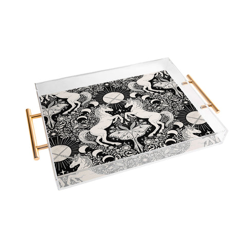Avenie Unicorn Damask Black And Cream Acrylic Tray