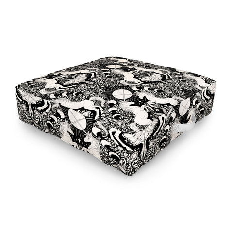 Avenie Unicorn Damask Black And Cream Outdoor Floor Cushion