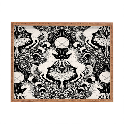 Avenie Unicorn Damask Black And Cream Rectangular Tray