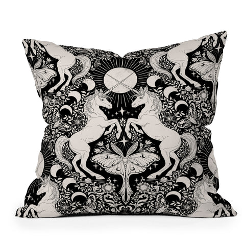 Avenie Unicorn Damask Black And Cream Outdoor Throw Pillow