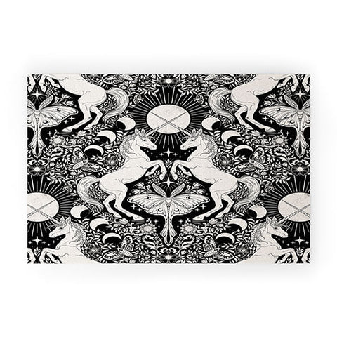 Avenie Unicorn Damask Black And Cream Welcome Mat