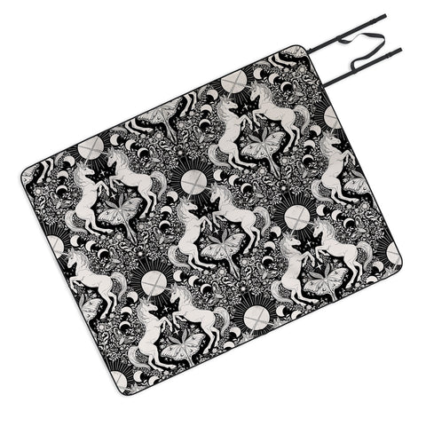 Avenie Unicorn Damask Black And Cream Picnic Blanket
