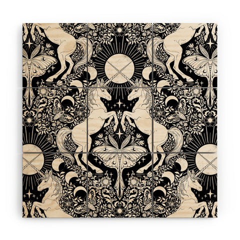 Avenie Unicorn Damask Black And Cream Wood Wall Mural