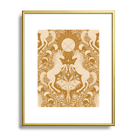 Avenie Unicorn Damask Bronze Orange Metal Framed Art Print