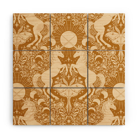 Avenie Unicorn Damask Bronze Orange Wood Wall Mural