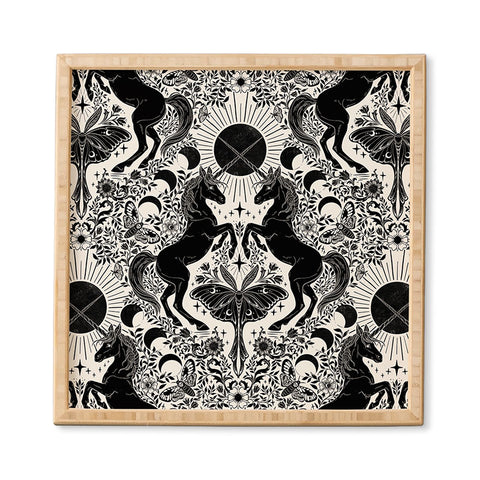 Avenie Unicorn Damask Cream And Black Framed Wall Art