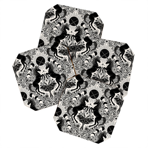 Avenie Unicorn Damask Cream And Black Coaster Set