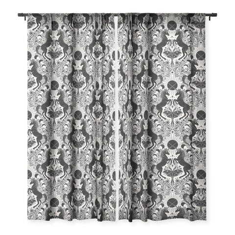 Avenie Unicorn Damask Cream And Black Sheer Window Curtain