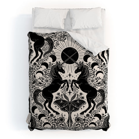 Avenie Unicorn Damask Cream And Black Duvet Cover