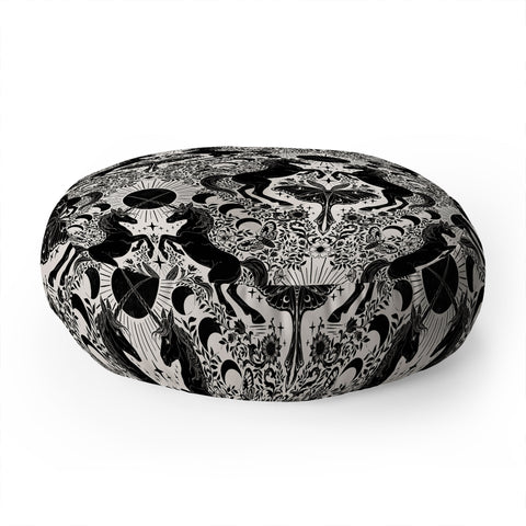 Avenie Unicorn Damask Cream And Black Floor Pillow Round