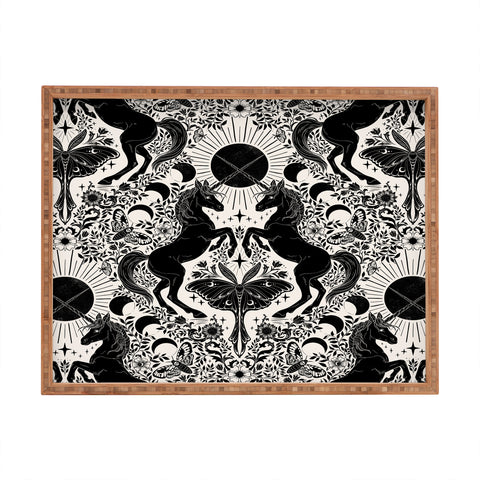 Avenie Unicorn Damask Cream And Black Rectangular Tray